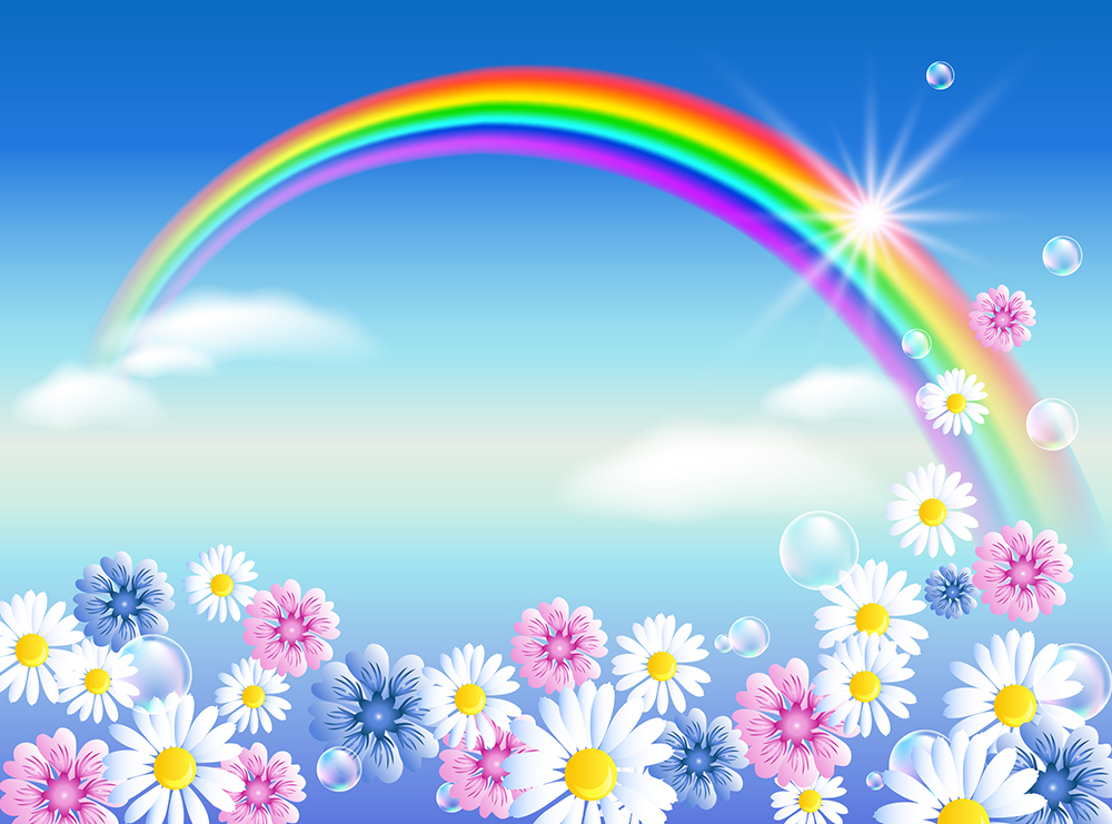 Rainbow in sky clouds with flowers